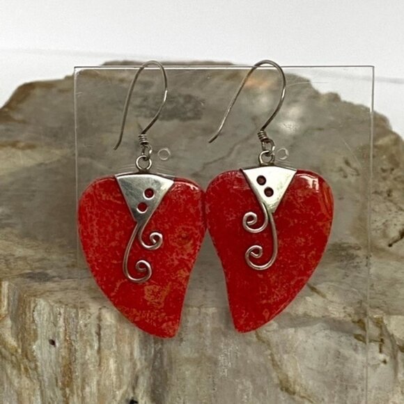 Sterling Silver 925 1.83" Red Sponge Coral Scrollwork Dangle Earrings 4.6g - Picture 3 of 16